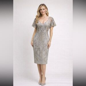 Mon Cheri silver gold flutter sleeve midi dress